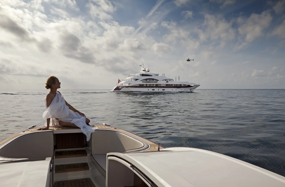 Superyacht at anchor viewed from a tender